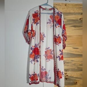 Flying Tomato Red Floral Kimono Cardigan Open Front Long Boho Cover size S/M